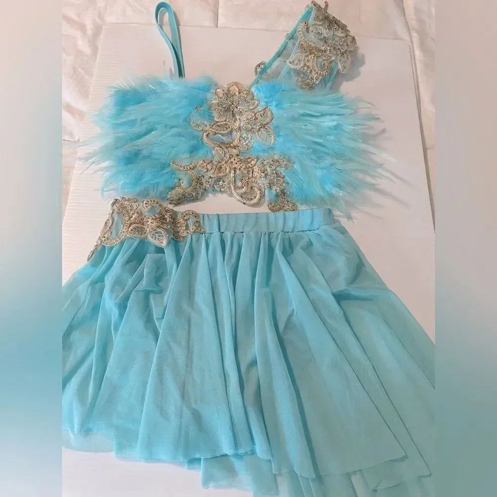 Glamour Solo Dance Costume Aqua Blue Feather jazz Broadway 2 Piece XLC Child SA